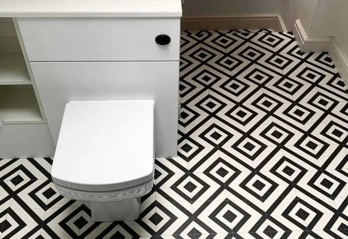 Black-and-white geometric patterned vinyl flooring in a modern bathroom